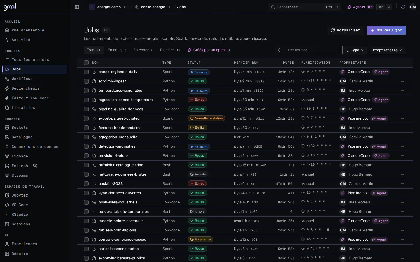 La liste des jobs d'un projet dans la console de la Data Platform : nom, type (Spark, Python, low-code, bash), statut, dernier run, durée, planification et propriétaire. Plusieurs lignes portent un badge « Agent ».