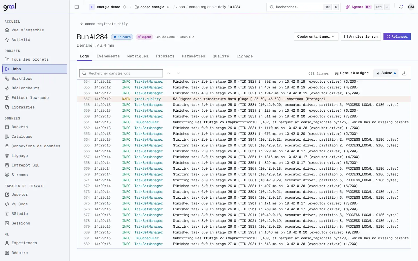 Le détail d’un run Spark dans la console de la Data Platform : run-1284 du job conso-regionale-daily, statut « En cours », badge « Agent », déclenché par Claude Code il y a 4 min, onglets Logs, Événements, Métriques, Fichiers, Paramètres, Qualité et Lignage, et le journal qui défile ligne à ligne.