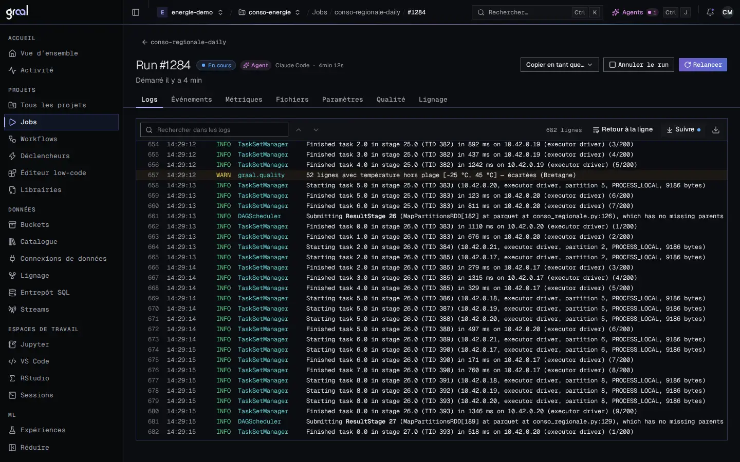 Le détail d’un run Spark dans la console de la Data Platform : run-1284 du job conso-regionale-daily, statut « En cours », badge « Agent », déclenché par Claude Code il y a 4 min, onglets Logs, Événements, Métriques, Fichiers, Paramètres, Qualité et Lignage, et le journal qui défile ligne à ligne.
