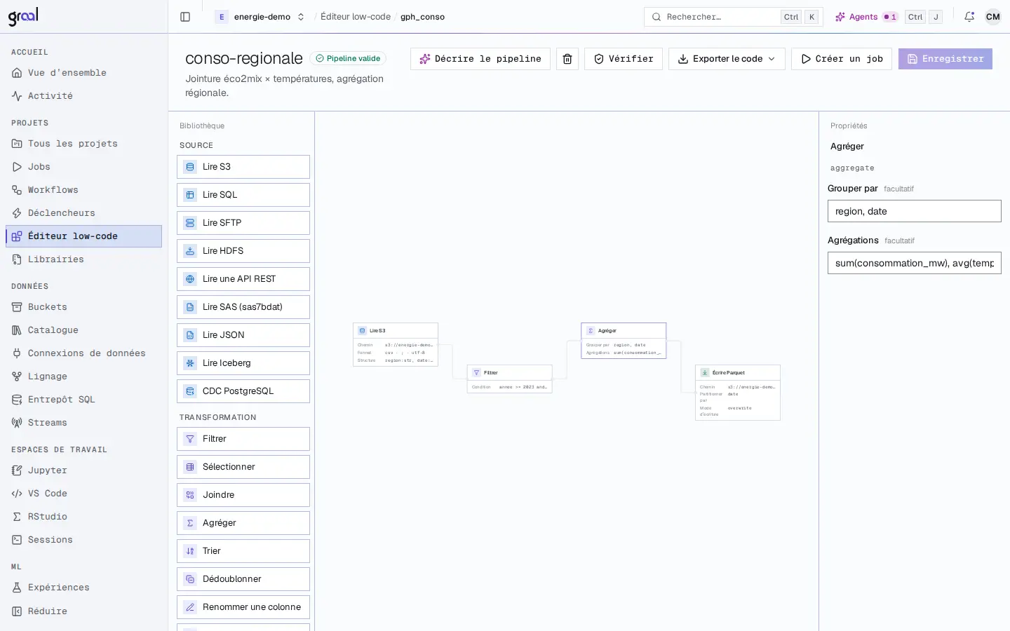 L'éditeur low-code de la Data Platform : une bibliothèque de blocs à gauche, des blocs reliés sur le canevas et le panneau de propriétés du bloc sélectionné.