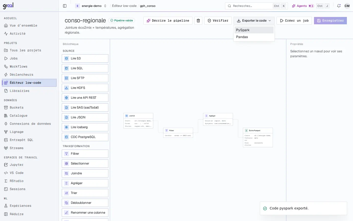 L’éditeur low-code de la Data Platform sur le pipeline conso-regionale : quatre blocs reliés sur le canevas (lire S3, filtrer, agréger, écrire en Parquet), le badge « Pipeline valide », le menu « Exporter le code » ouvert sur PySpark et Pandas, et la confirmation « Code pyspark exporté ».