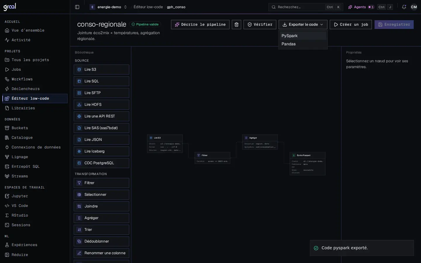 L’éditeur low-code de la Data Platform sur le pipeline conso-regionale : quatre blocs reliés sur le canevas (lire S3, filtrer, agréger, écrire en Parquet), le badge « Pipeline valide », le menu « Exporter le code » ouvert sur PySpark et Pandas, et la confirmation « Code pyspark exporté ».